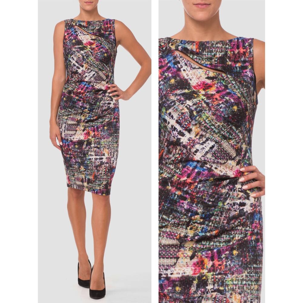 JOSEPH RIBKOFF Multicolor Grahpic Gold Metallic Shimmering Sheath Dress Sz 6